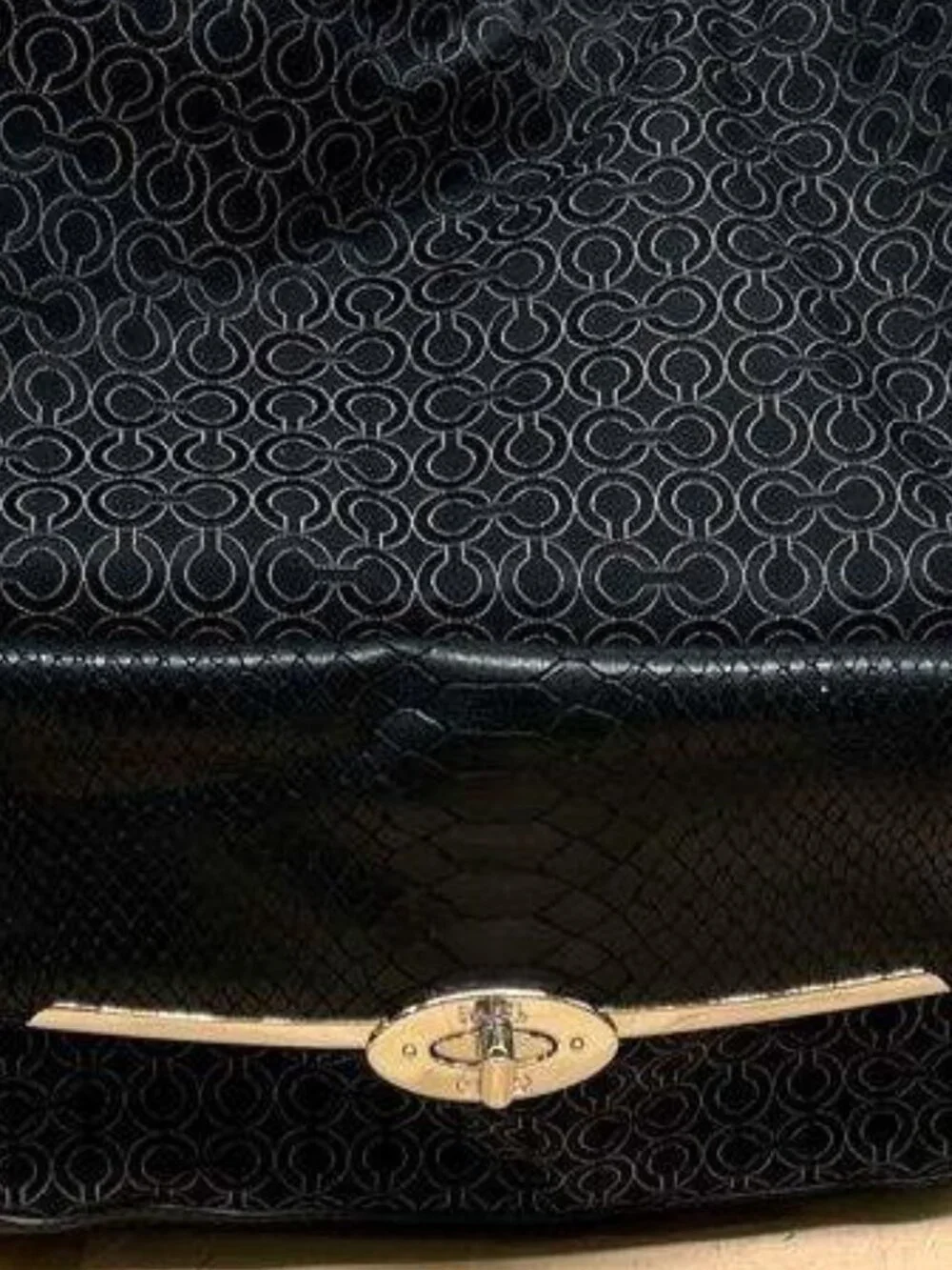 Coach Black Signature C Taylor Hobo Bag Python Embossed Leather Silver Hardware